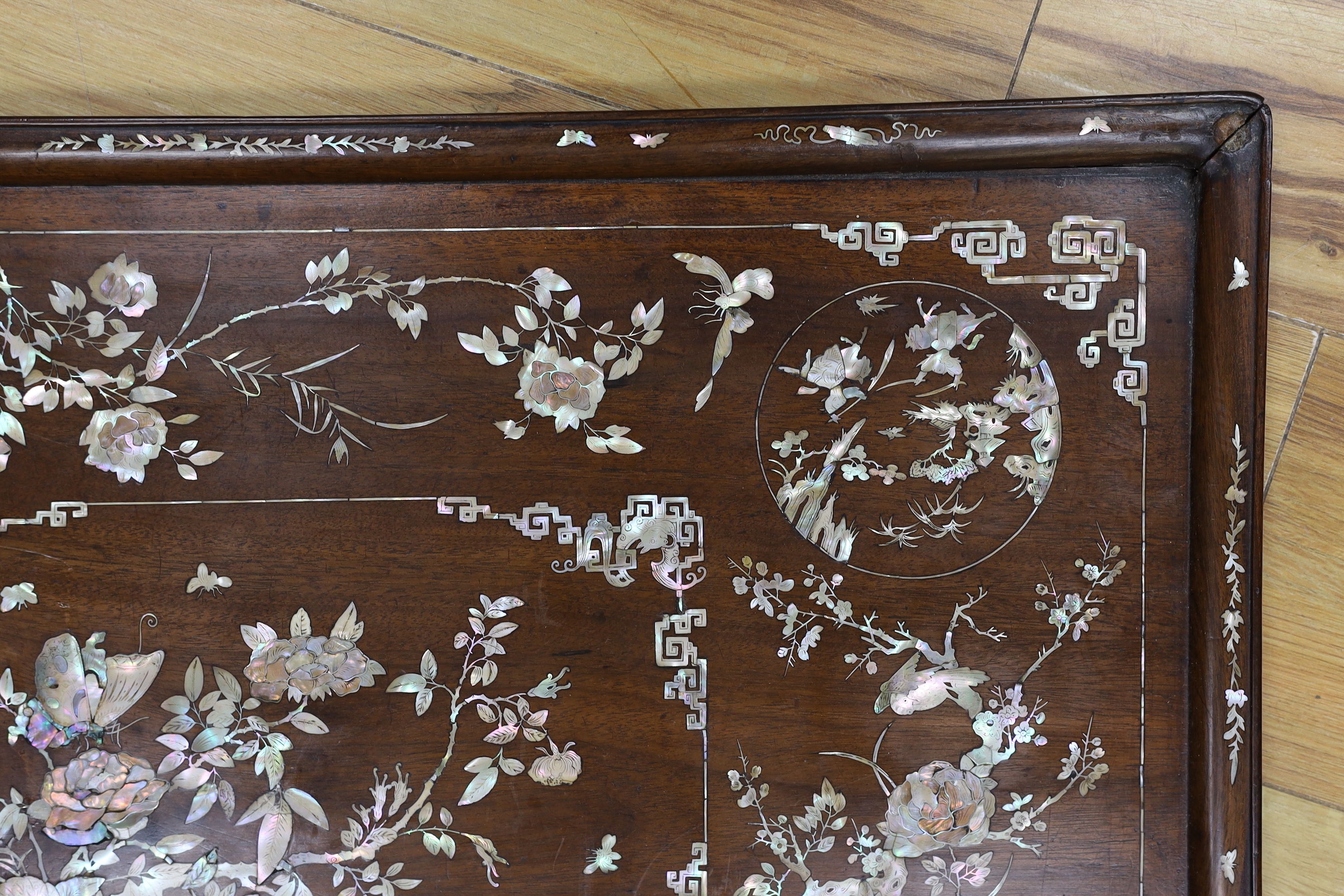 A Chinese mother of pearl inlaid hongmu tray, 47x70cm